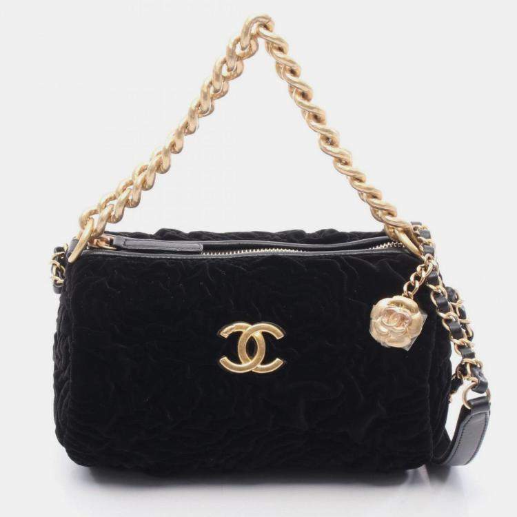 Pre Owned Chanel Camellia Shoulder Bag Leather And Velvet Black