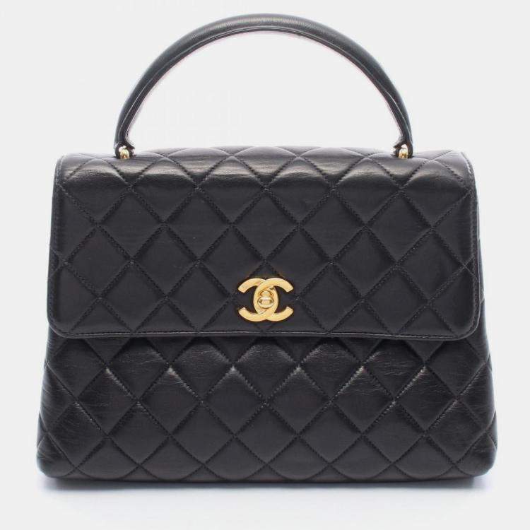 Pre Owned Chanel Matelasse Top Handle Bag Lambskin Leather Black