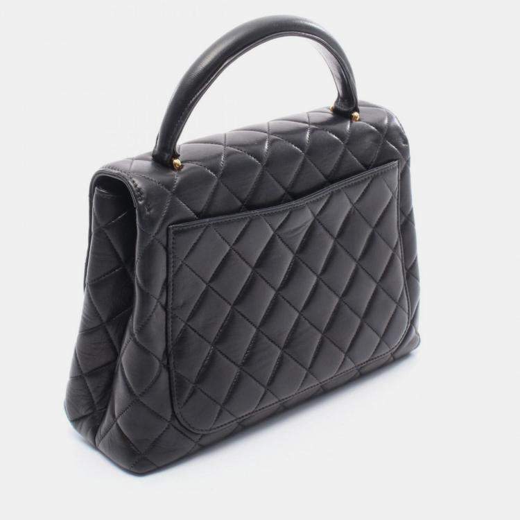 Pre Owned Chanel Matelasse Top Handle Bag Lambskin Leather Black