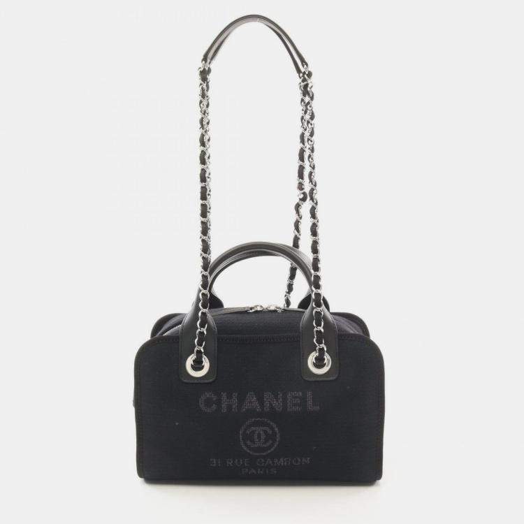 Pre Owned Chanel Deauville Bowling Bag Shoulder Canvas Leather Black