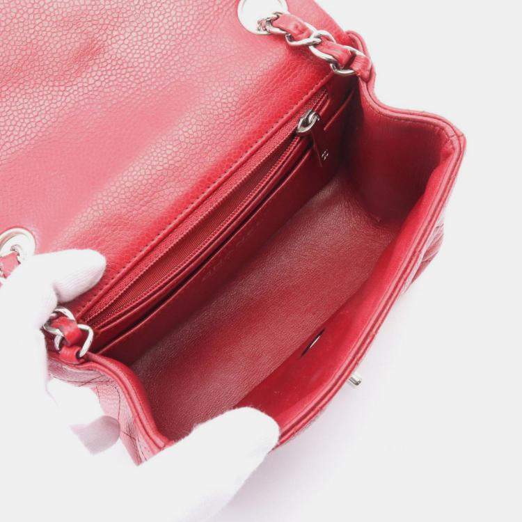 Pre Owned Chanel Mini Matelasse Shoulder Bag Leather Grained Calfskin Red