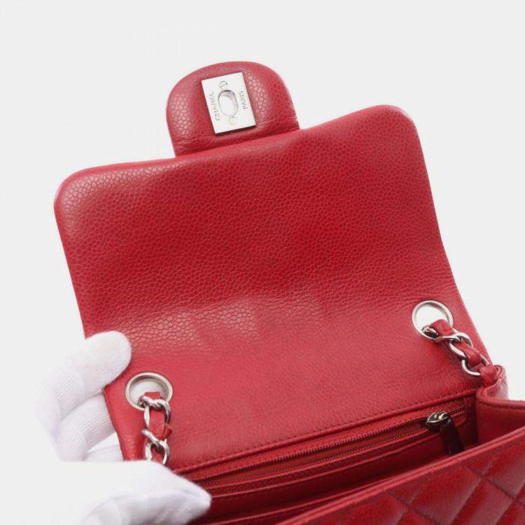 Pre Owned Chanel Mini Matelasse Shoulder Bag Leather Grained Calfskin Red