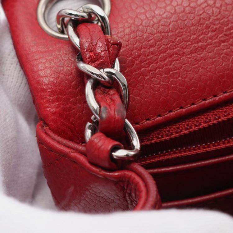 Pre Owned Chanel Mini Matelasse Shoulder Bag Leather Grained Calfskin Red