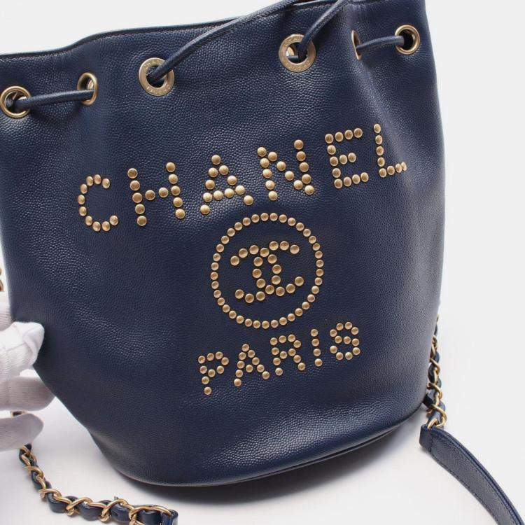 مملوكة مسبقًا Chanel Deauville Shoulder Bag Leather Grained Calfskin Navy