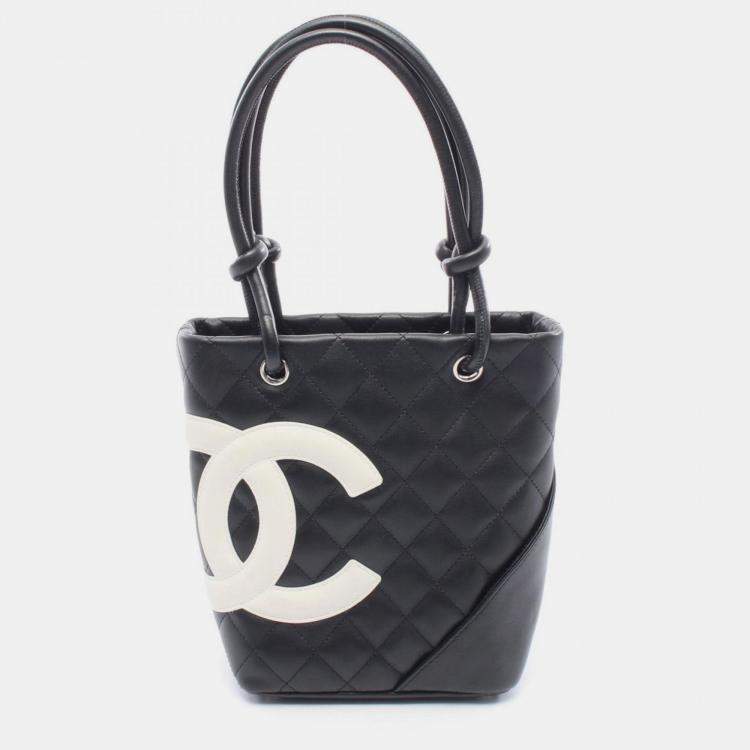 Pre Owned Chanel Cambon Line Small Tote Bag Leather Black And White