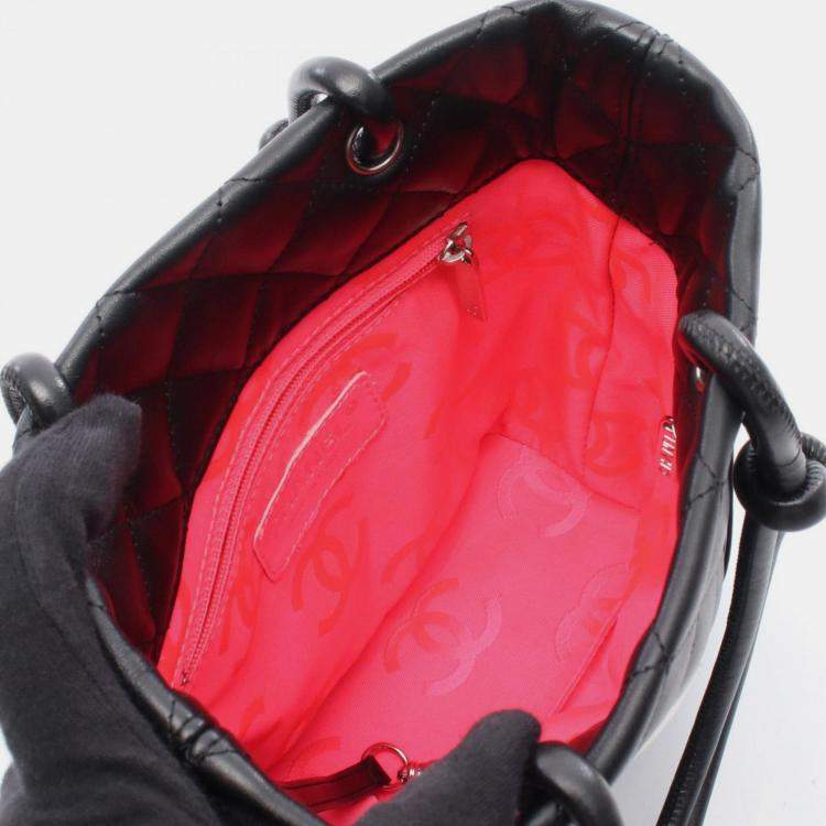 Pre Owned Chanel Cambon Line Small Tote Bag Leather Black And White