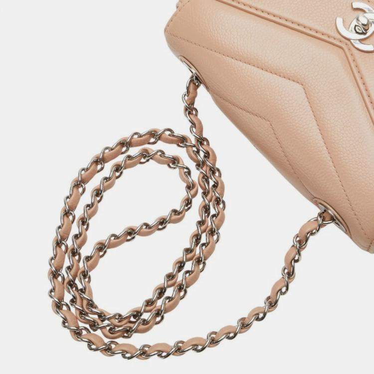 Pre Owned Chanel Chevron Coco Mark Chain Shoulder Bag Beige Silver Caviar Skin