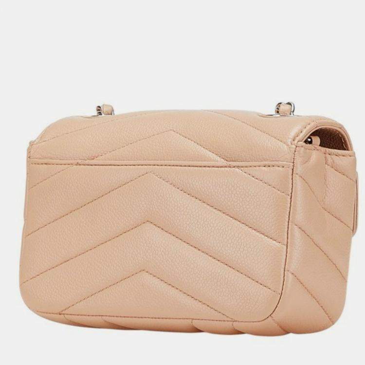 Pre Owned Chanel Chevron Coco Mark Chain Shoulder Bag Beige Silver Caviar Skin