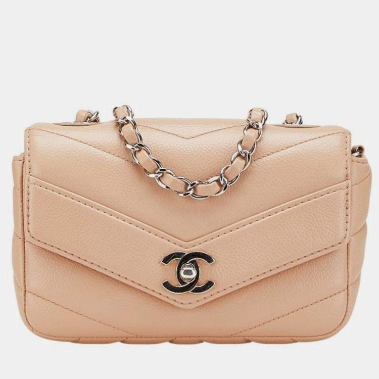 Pre Owned Chanel Chevron Coco Mark Chain Shoulder Bag Beige Silver Caviar Skin