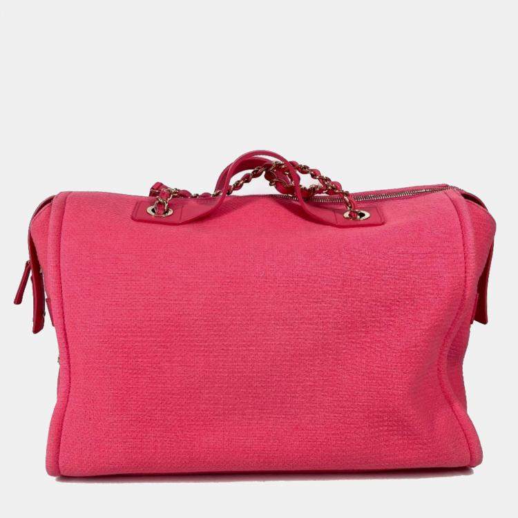 Pre Owned Chanel Cc Coco Mark Logo Deauville Boston Bag 2Way Handbag W Chain Shoulder Canvas Pink