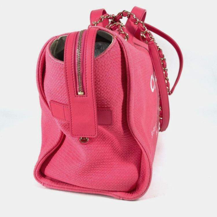 Pre Owned Chanel Cc Coco Mark Logo Deauville Boston Bag 2Way Handbag W Chain Shoulder Canvas Pink