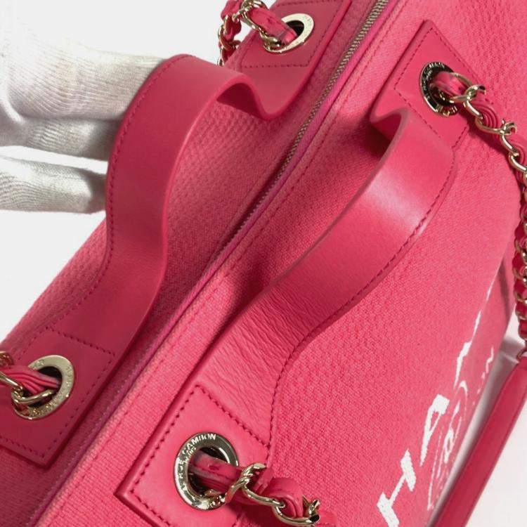 Pre Owned Chanel Cc Coco Mark Logo Deauville Boston Bag 2Way Handbag W Chain Shoulder Canvas Pink