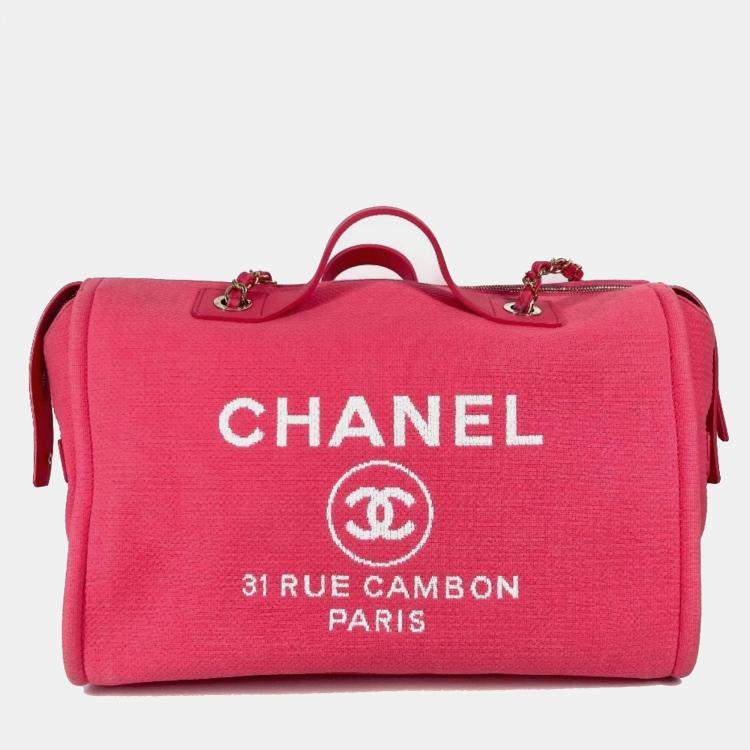 Pre Owned Chanel Cc Coco Mark Logo Deauville Boston Bag 2Way Handbag W Chain Shoulder Canvas Pink
