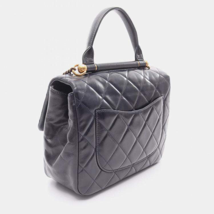 Pre Owned Chanel Matelasse Top Handle Shoulder Bag In Lambskin Leather Navy Blue