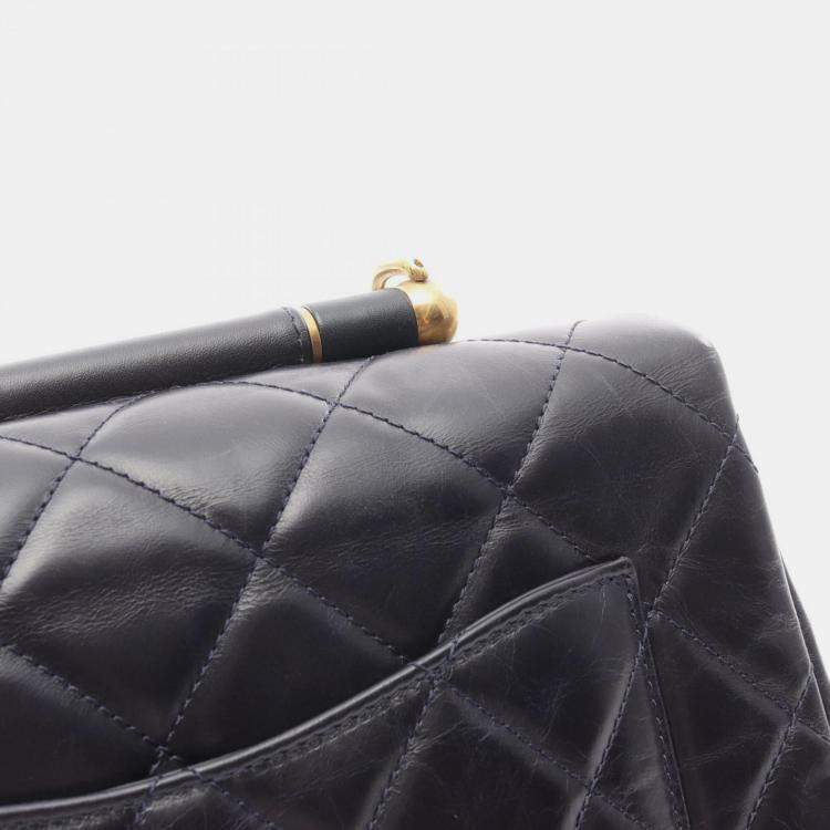 Pre Owned Chanel Matelasse Top Handle Shoulder Bag In Lambskin Leather Navy Blue