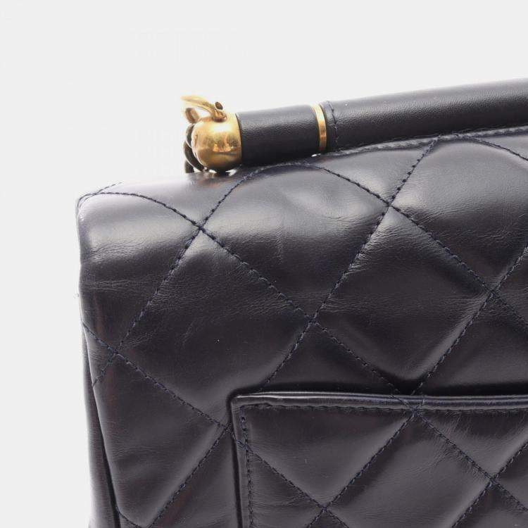 Pre Owned Chanel Matelasse Top Handle Shoulder Bag In Lambskin Leather Navy Blue