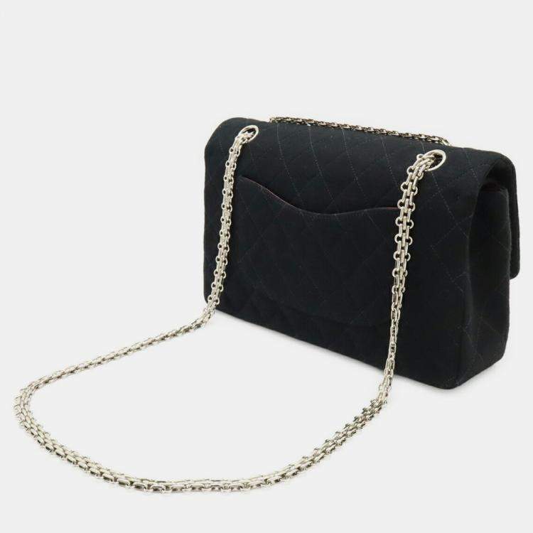 Pre Owned Chanel Matelasse 25 Coco Mark Double Flap Chain Shoulder Bag Black Cotton Jersey