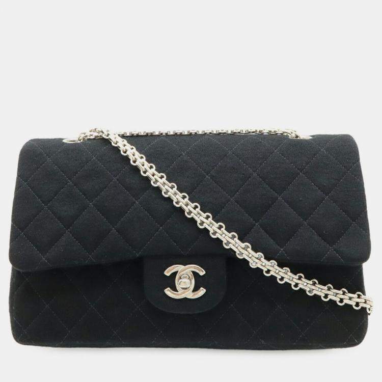 Pre Owned Chanel Matelasse 25 Coco Mark Double Flap Chain Shoulder Bag Black Cotton Jersey