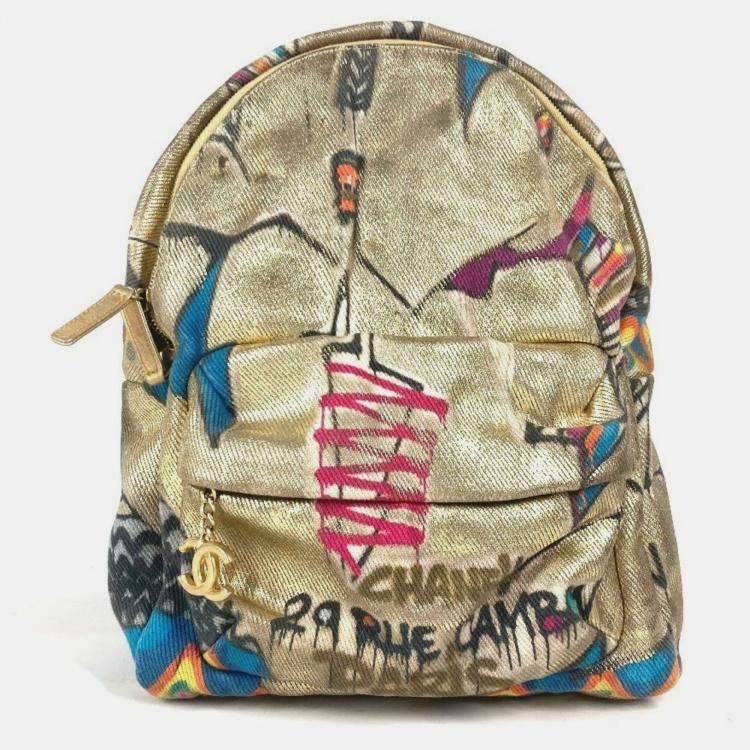 Pre Owned Chanel As0867 Coco Mark Cc Logo Graffiti Bag Backpack Rucksack Leather Canvas Gold