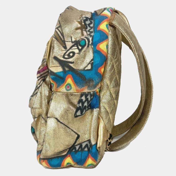 Pre Owned Chanel As0867 Coco Mark Cc Logo Graffiti Bag Backpack Rucksack Leather Canvas Gold