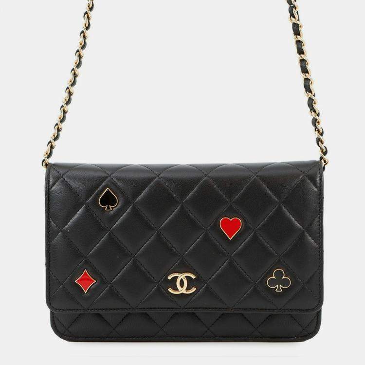 Pre Owned Chanel Monaco Series Chain Wallet With Matelasse And Coco Mark Lambskin Black