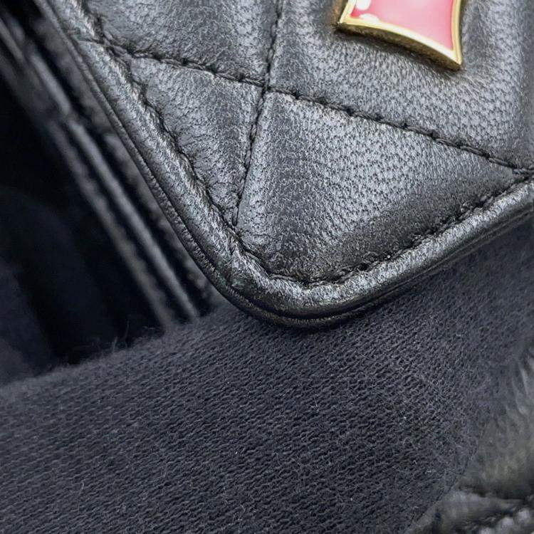 Pre Owned Chanel Monaco Series Chain Wallet With Matelasse And Coco Mark Lambskin Black