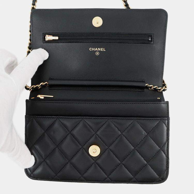 Pre Owned Chanel Monaco Series Chain Wallet With Matelasse And Coco Mark Lambskin Black