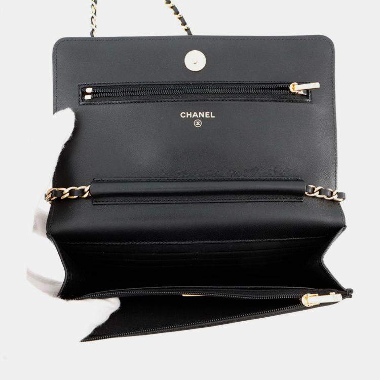 Pre Owned Chanel Monaco Series Chain Wallet With Matelasse And Coco Mark Lambskin Black