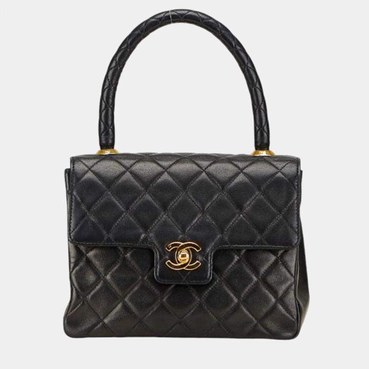 Pre Owned Chanel Matelasse Coco Mark Handbag With Top Handles Black Lambskin