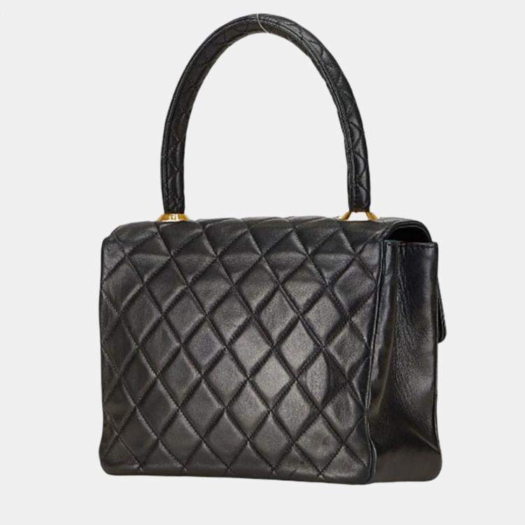 Pre Owned Chanel Matelasse Coco Mark Handbag With Top Handles Black Lambskin