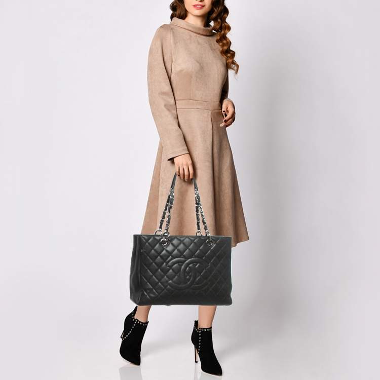 Pre Owned Chanel Grand Shopper Black Quilted Caviar Leather Tote