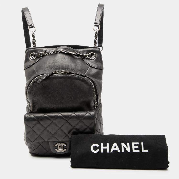 Pre Owned Chanel Black Small CC Calfskin Drawstring Flap Backpack