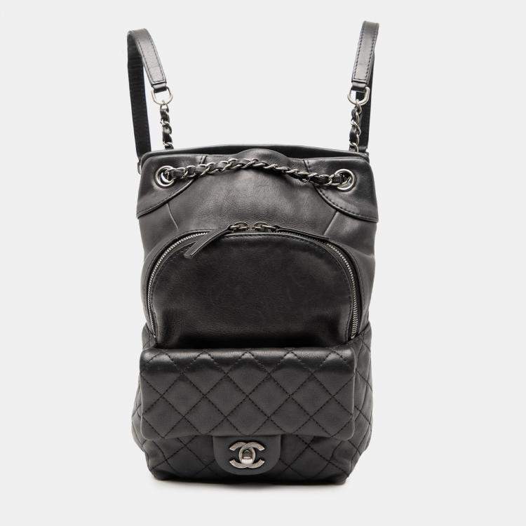 Pre Owned Chanel Black Small CC Calfskin Drawstring Flap Backpack