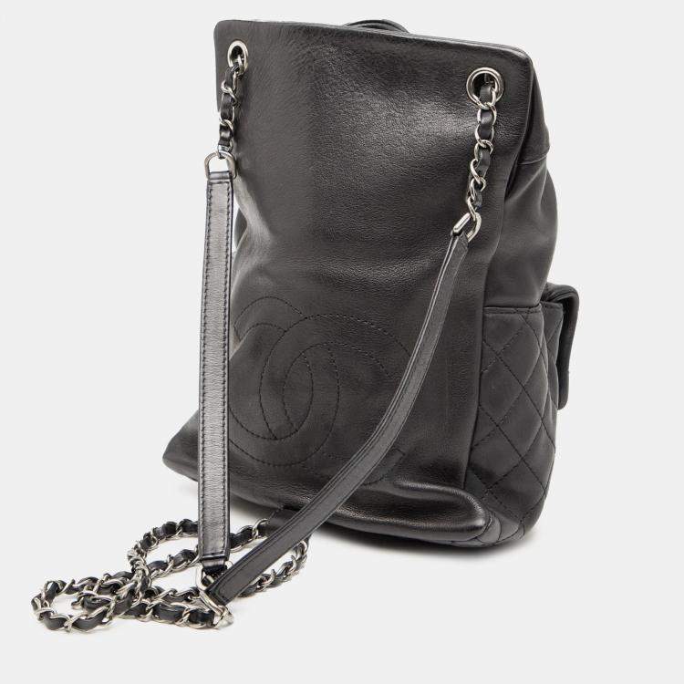 Pre Owned Chanel Black Small CC Calfskin Drawstring Flap Backpack