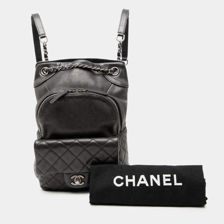 Pre Owned Chanel Black Small CC Calfskin Drawstring Flap Backpack