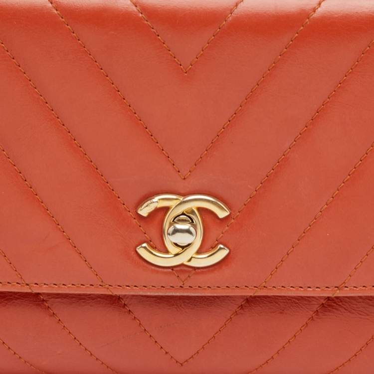 Pre Owned Chanel Mini Coco Orange Chevron Leather Top Handle Bag