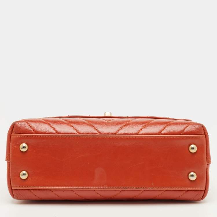 Pre Owned Chanel Mini Coco Orange Chevron Leather Top Handle Bag
