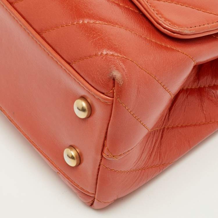 Pre Owned Chanel Mini Coco Orange Chevron Leather Top Handle Bag