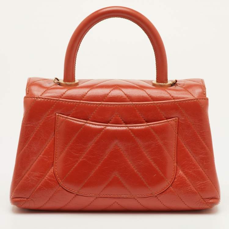 Pre Owned Chanel Mini Coco Orange Chevron Leather Top Handle Bag