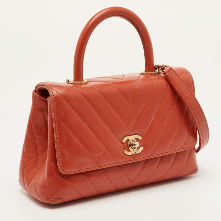 Pre Owned Chanel Mini Coco Orange Chevron Leather Top Handle Bag