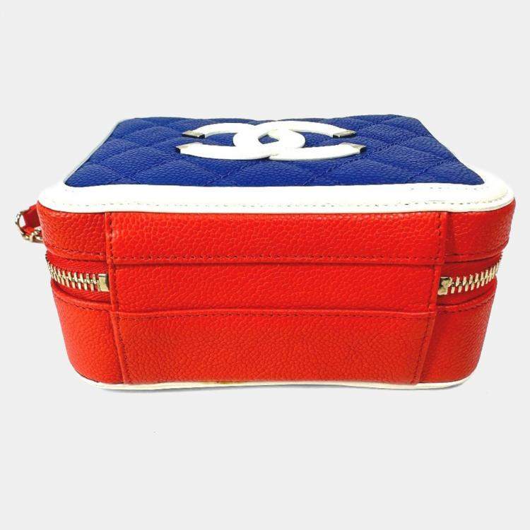 Pre Owned Chanel Coco Mark Cc Filigree Vanity Bag Tricolor Shoulder Caviar Leather Red