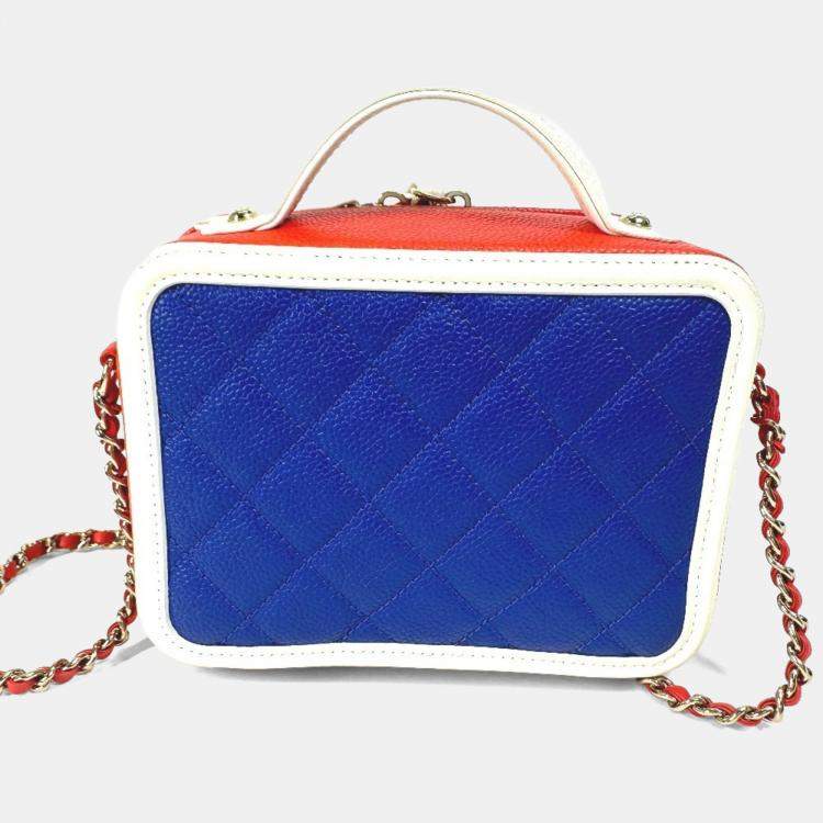 Pre Owned Chanel Coco Mark Cc Filigree Vanity Bag Tricolor Shoulder Caviar Leather Red