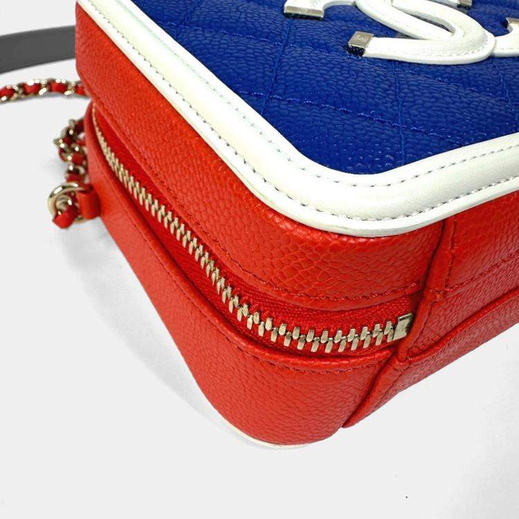 Pre Owned Chanel Coco Mark Cc Filigree Vanity Bag Tricolor Shoulder Caviar Leather Red