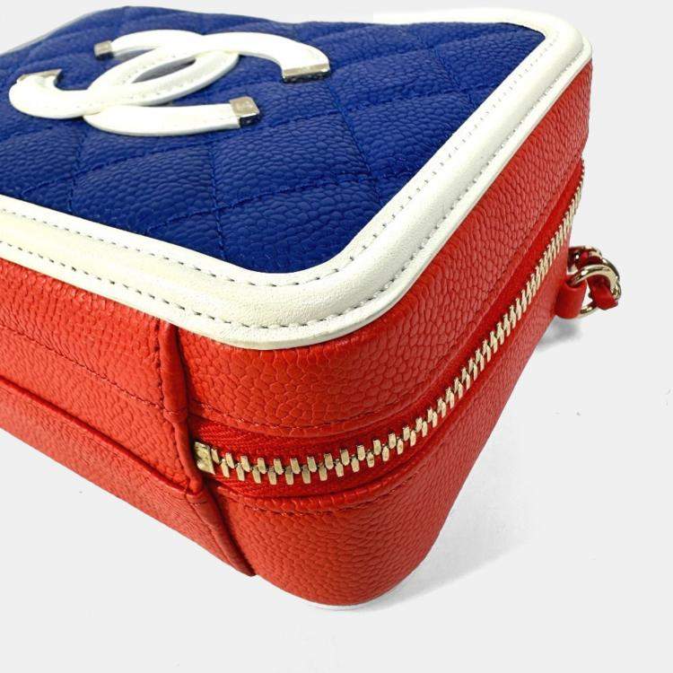 Pre Owned Chanel Coco Mark Cc Filigree Vanity Bag Tricolor Shoulder Caviar Leather Red