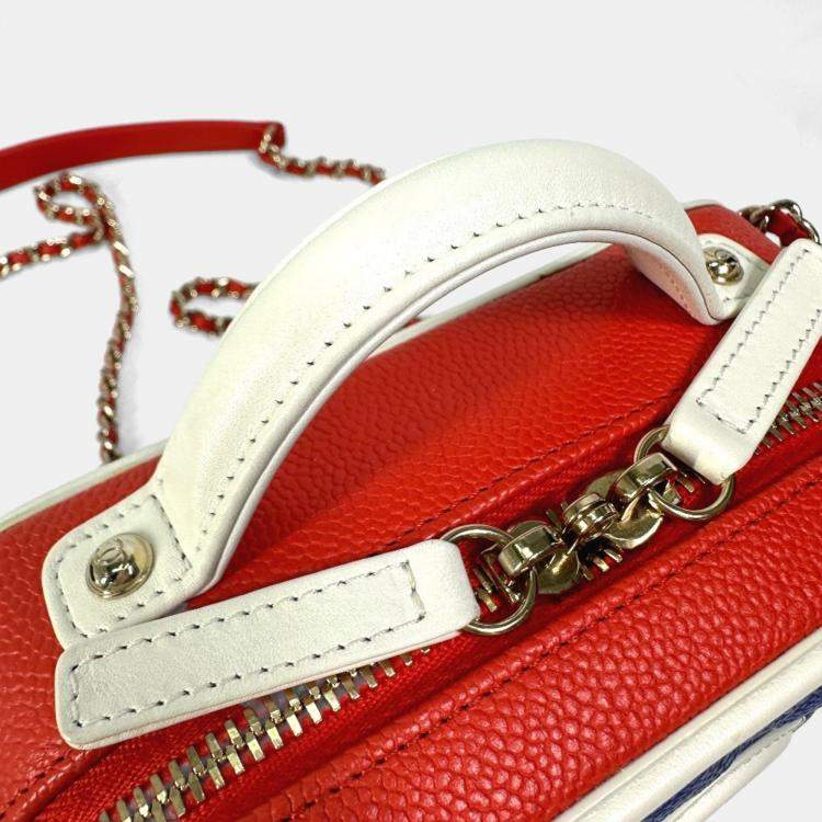 Pre Owned Chanel Coco Mark Cc Filigree Vanity Bag Tricolor Shoulder Caviar Leather Red