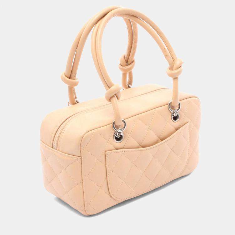 Pre Owned Chanel Cambon Mini Bowling Bag Handbag Leather Patent Beige