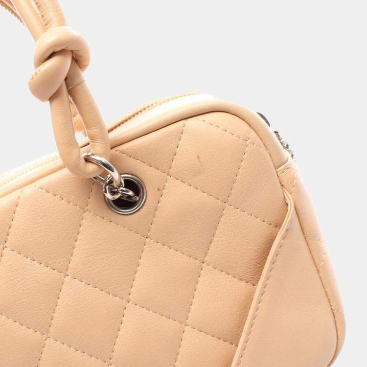 Pre Owned Chanel Cambon Mini Bowling Bag Handbag Leather Patent Beige