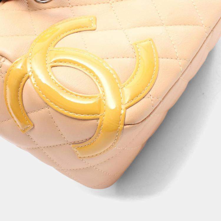 Pre Owned Chanel Cambon Mini Bowling Bag Handbag Leather Patent Beige