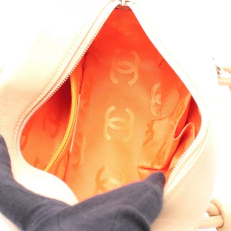 Pre Owned Chanel Cambon Mini Bowling Bag Handbag Leather Patent Beige