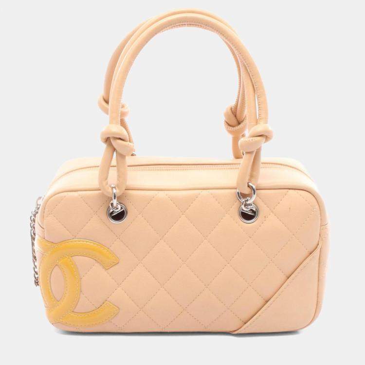 Pre Owned Chanel Cambon Mini Bowling Bag Handbag Leather Patent Beige